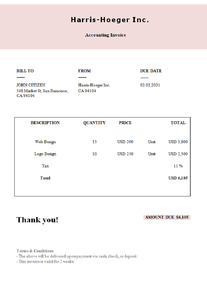 USA Harris Hoeger Inc. invoice PSD template